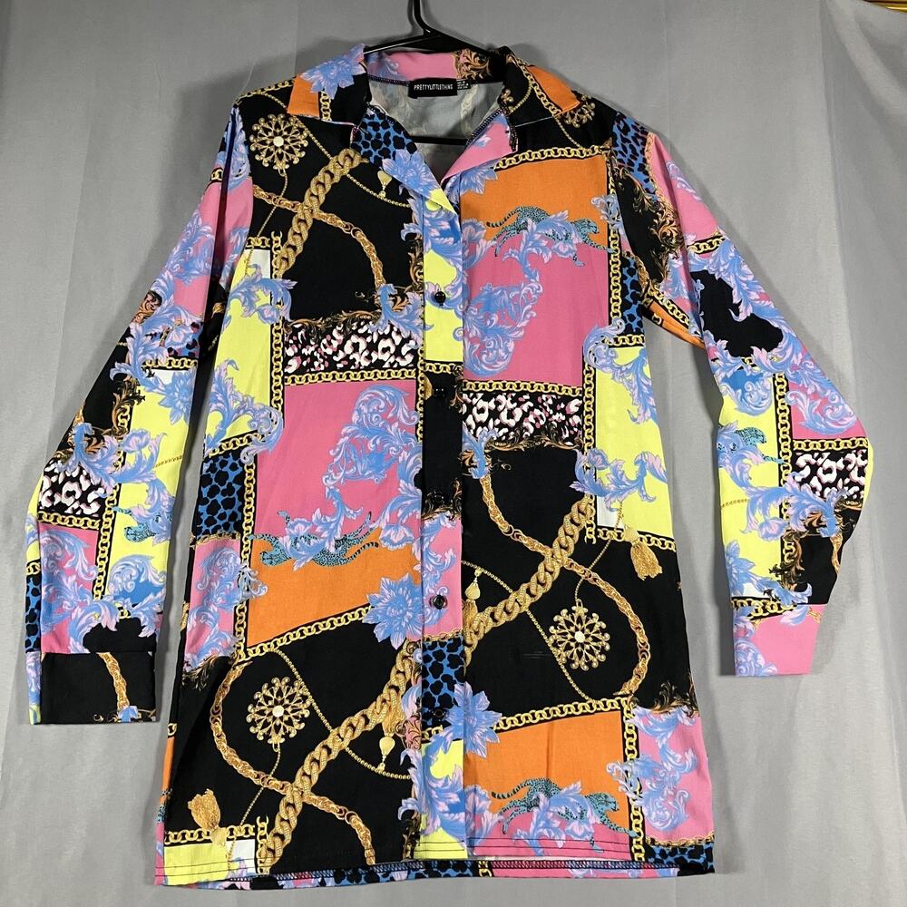 PrettyLittleThing Shirt Womens 4 Multicolor Baroque‎ Chain Print Button Down